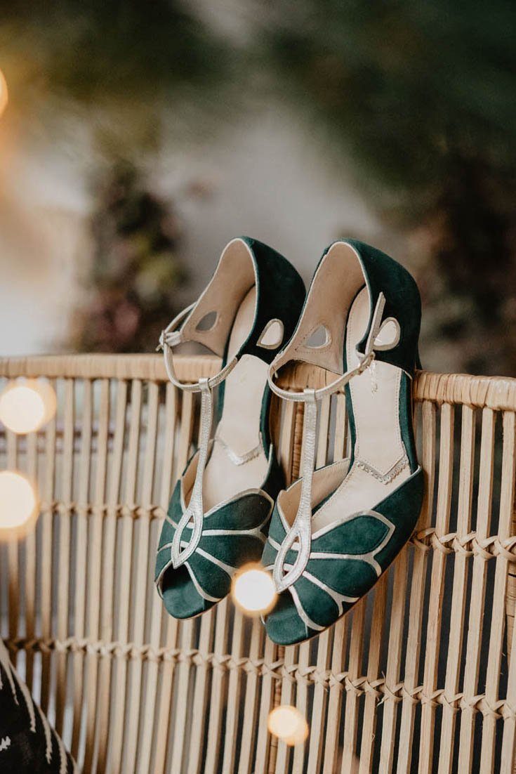 Open Bridal Heel in Forest Green and Gold Mimosa – noni