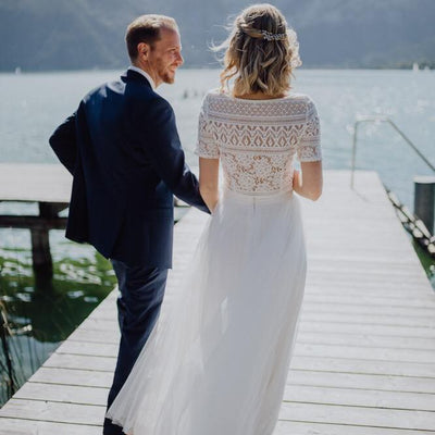 Boho Brautkleid mit Spitzentop und Tüllrock in Ivory