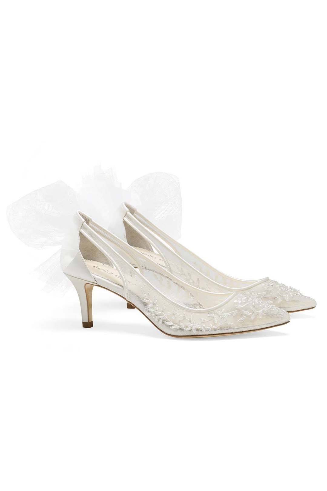 Braut-Kitten Heels mit Tüllschleife und floraler Spitze – Esther
