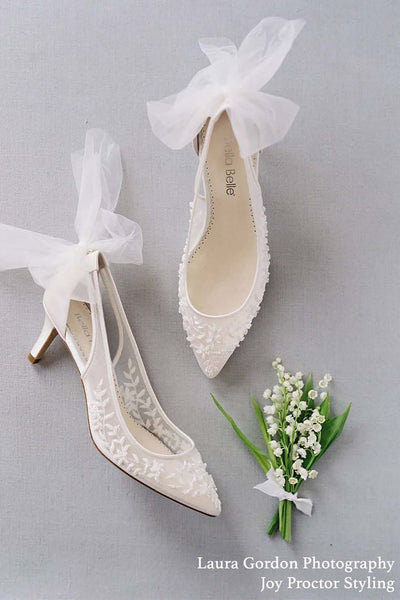 Braut-Kitten Heels mit Tüllschleife und floraler Spitze – Esther