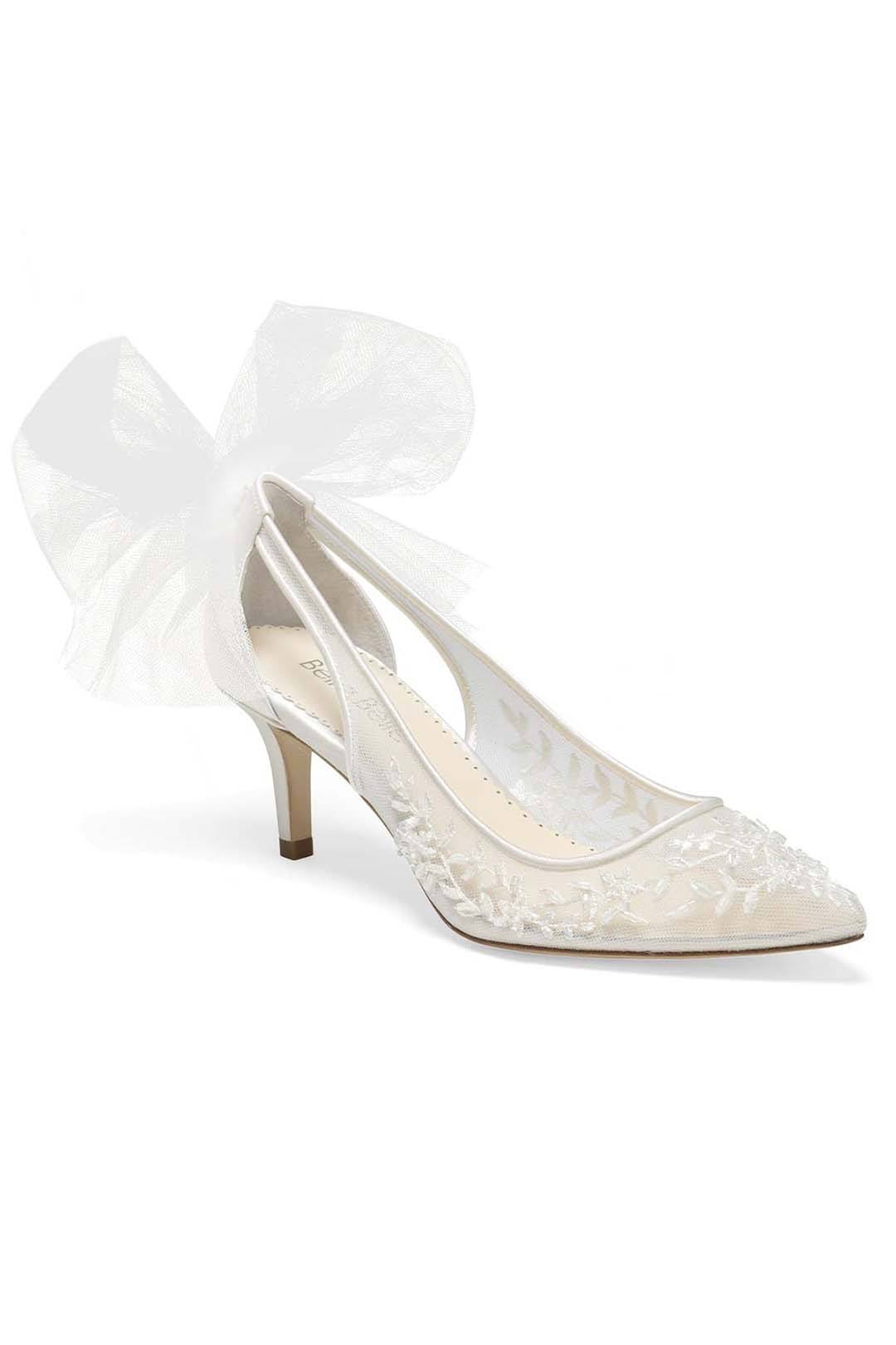 Braut-Kitten Heels mit Tüllschleife und floraler Spitze – Esther