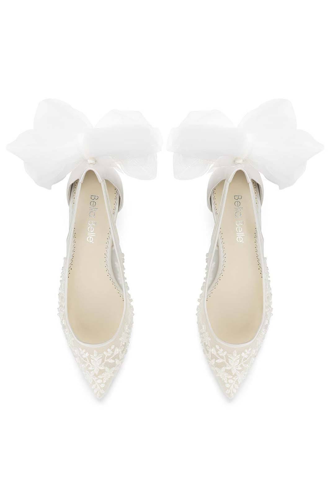 Braut-Kitten Heels mit Tüllschleife und floraler Spitze – Esther