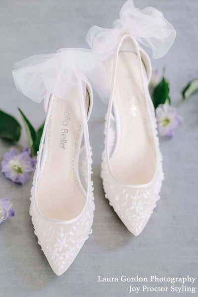 Braut-Kitten Heels mit Tüllschleife und floraler Spitze – Esther