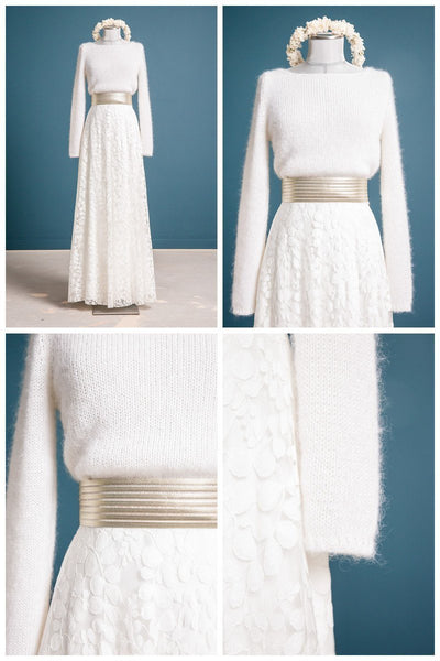 Pullover aus Mohair-Strick mit Bateau-Ausschnitt - Mailenn noni Curvy an Puppe mit goldfarbenem Gürtel und Liza Brautrock in Ivory, Detailansicht, Collage