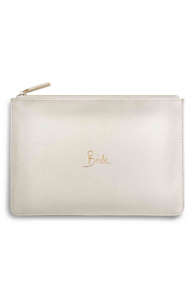 Schlichte Pouch für die Braut mit goldenem Schriftzug "Bride" in Metallic White