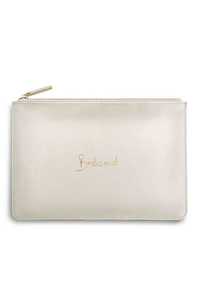 Pouch Metallic White für die Brautjungfer mit goldenem Schriftzug "Bridesmaid"