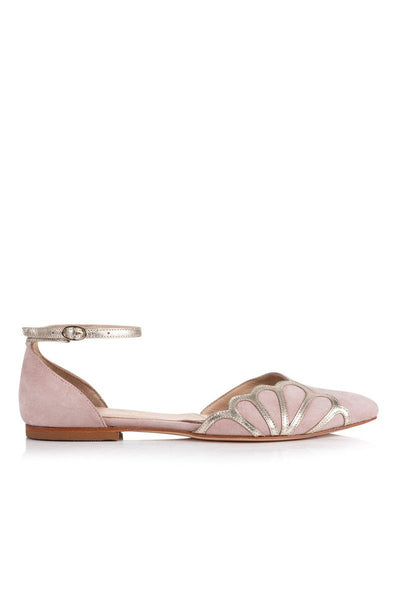 Spitze, flache Brautschuhe in Rosa mit Details in Metallic Gold - Amber Powder Pink