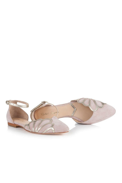 Spitze, flache Brautschuhe in Rosa mit Details in Metallic Gold - Amber Powder Pink